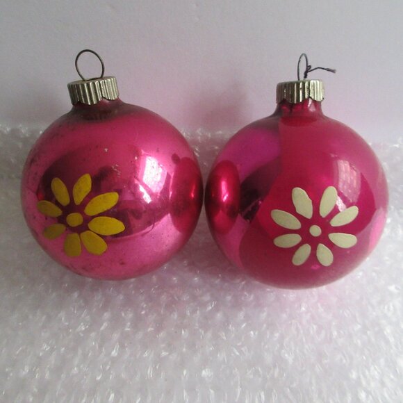 Shiny Brite Hand Painted Flowers 2" Glass Christmas Ornaments Set of 2 Vintage - Picture 1 of 7